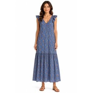 Mango Organic Cotton Tiered Maxi Dress Women 6 Floral Blue Ruffled Cottage Boho